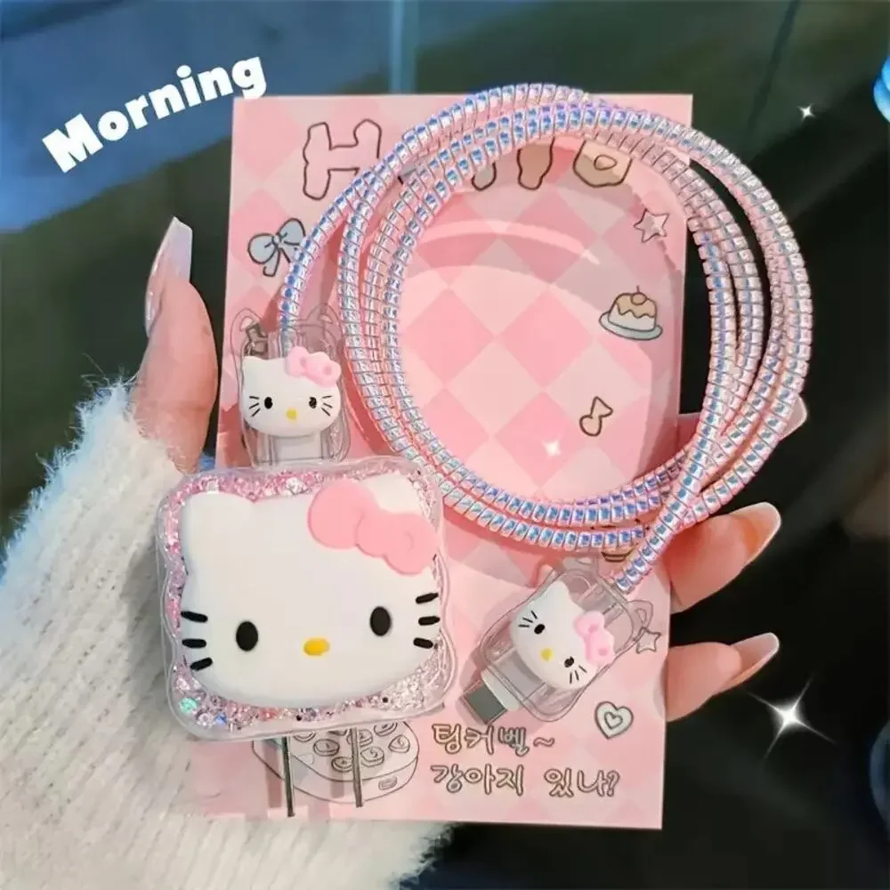 Cute Kawaii Hello Kitty Cat Pink Glitter USB Charger Cable Protector
